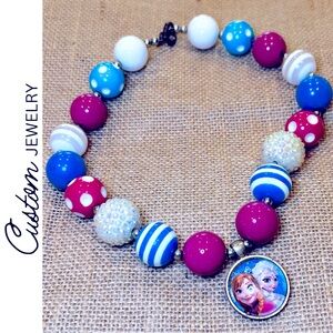 Chunky 18" Frozen Beaded Necklace Blue Purple Pink Silver Snowflake